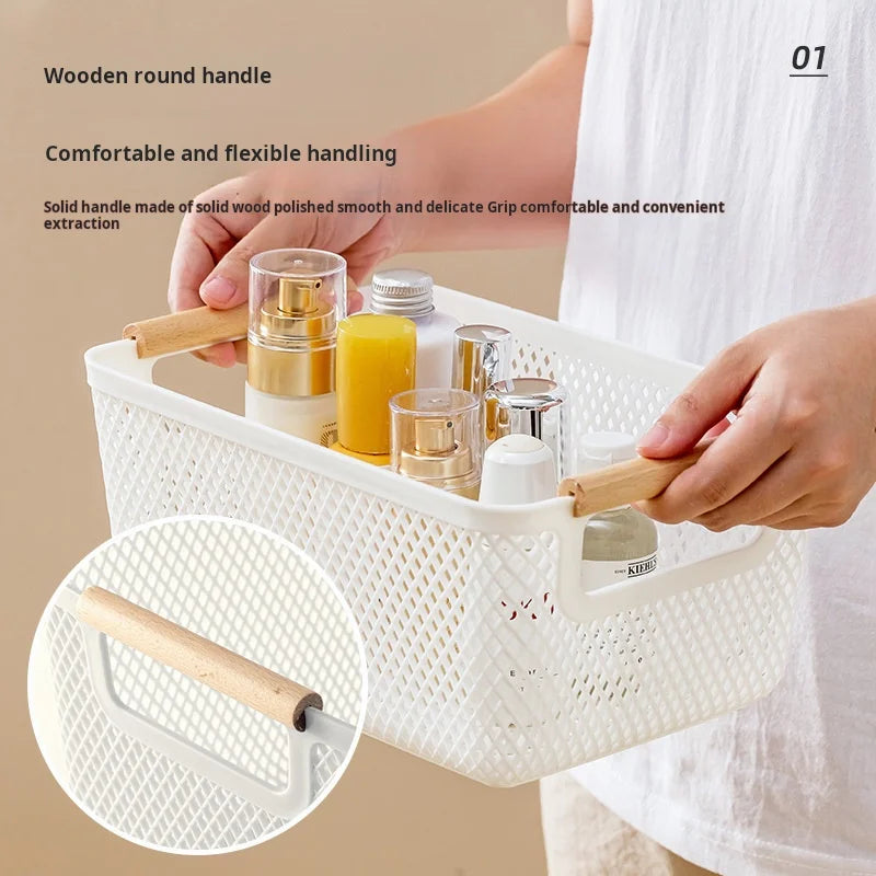 Multi-Functional Hollow Storage Basket with Wooden Handle