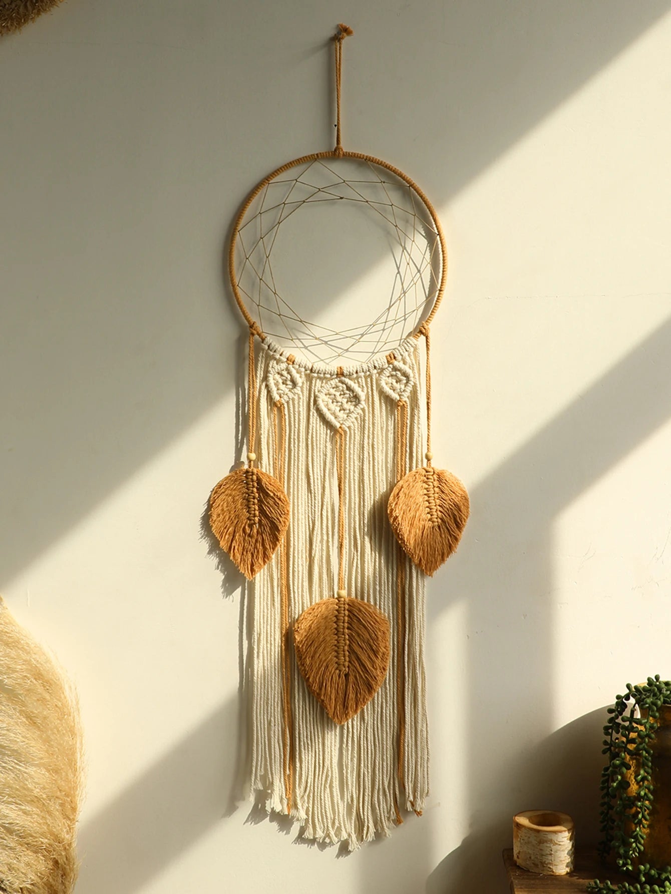 Boho Dream Catcher Wall Hanging – Handwoven Leaf &amp; Evil Eye Decor