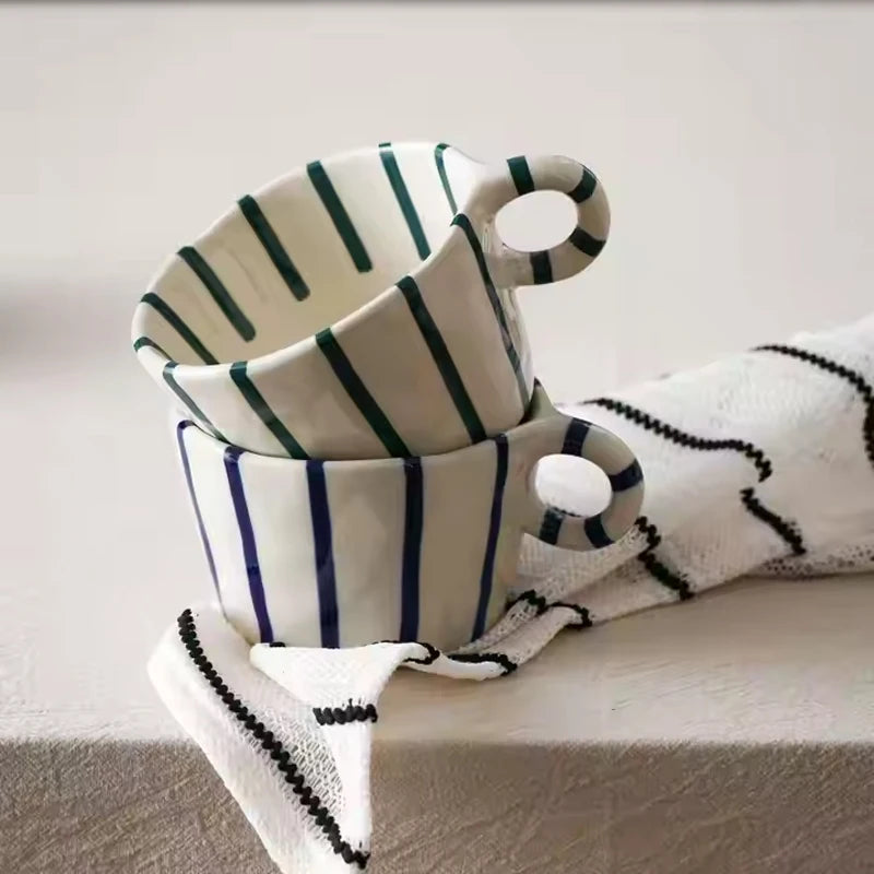Striped Ceramic Coffee Mug – Vintage Handgrip Latte &amp; Tea Cup (Single Piece)