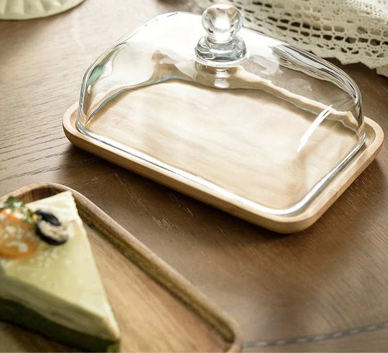 Glass Dome Dessert Plate with Wooden Base