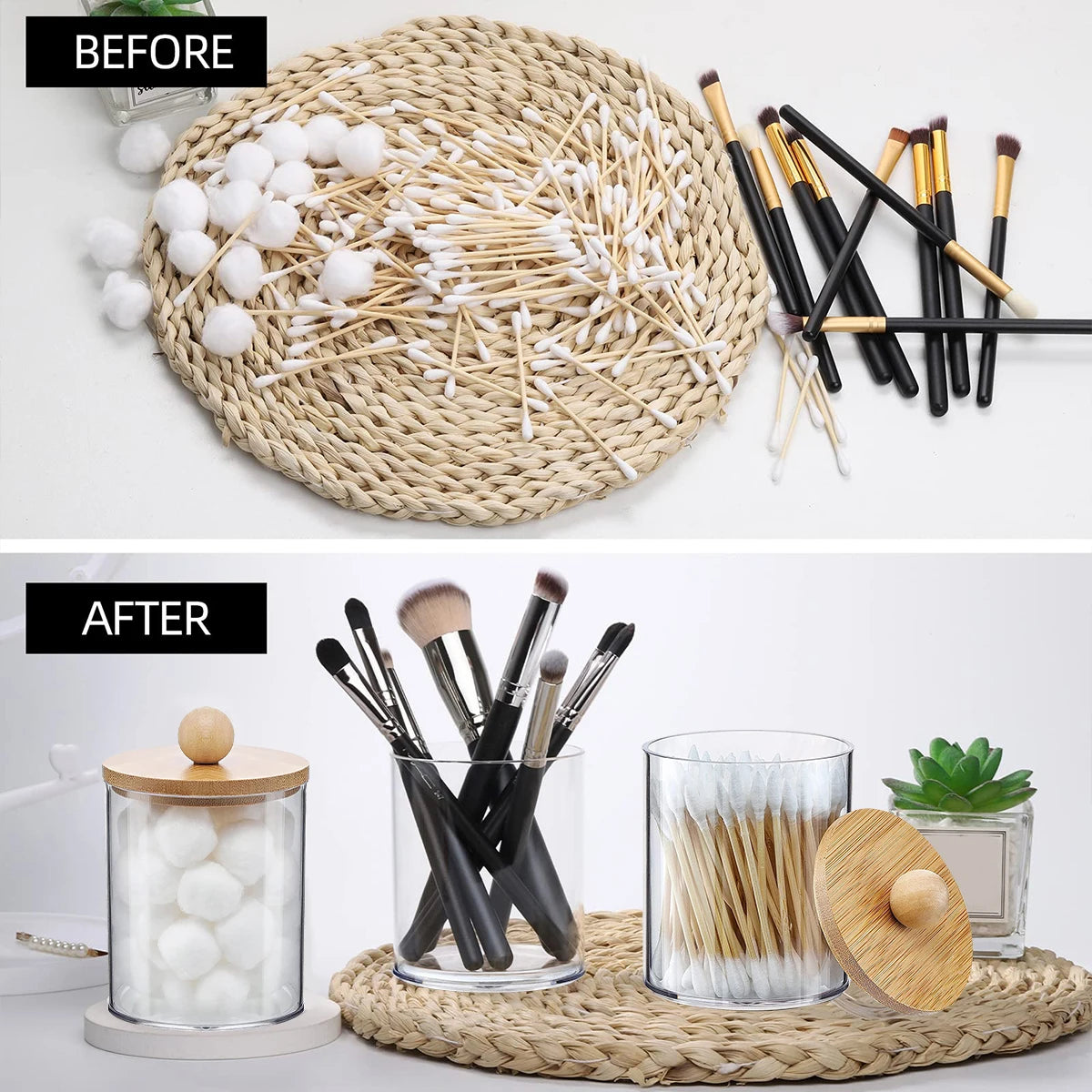 3PCS Qtip Holder Set with Bamboo Lids – 10oz Clear Bathroom Organizer