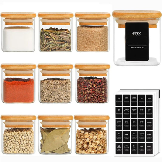 Glass Spice Jars with Bamboo Lid – 4oz Airtight Square Containers (Set with Labels)