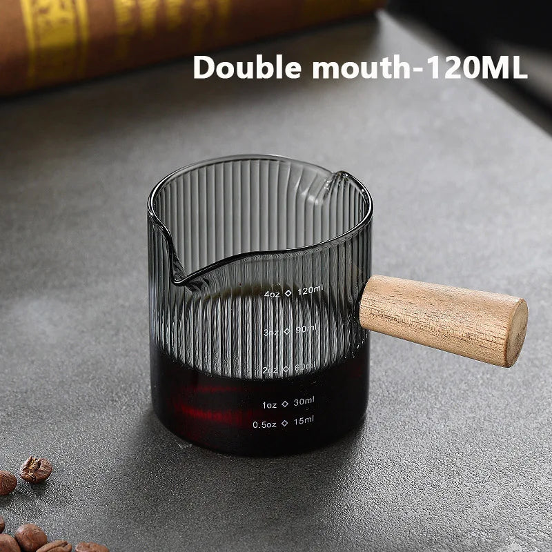 Glass Measuring Cup – Wooden Handle, Single/Double Mouth, 3 fl oz / 4 fl oz / 6 fl oz