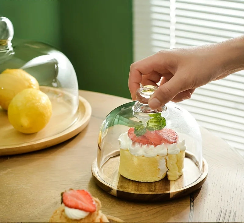 Bamboo Cake Stand with Glass Dome Lid – Round Dessert Display Tray