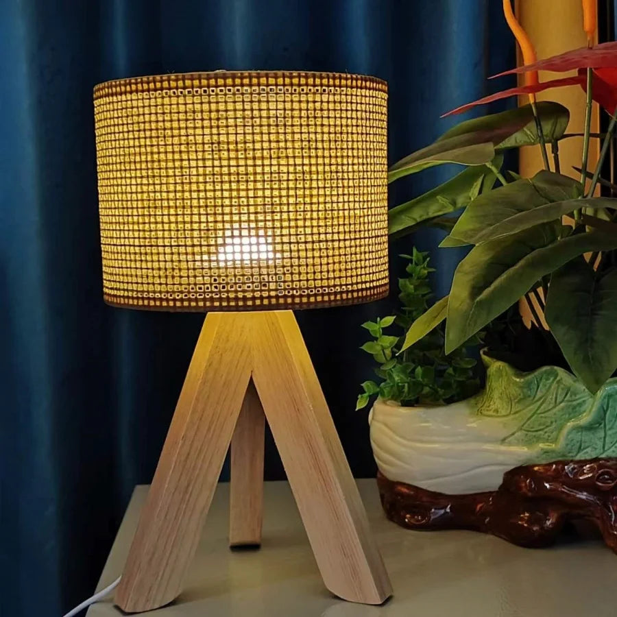 Modern Yellow Wooden Table Lamp – Hand-Knitted Shade, Up &amp; Down Light