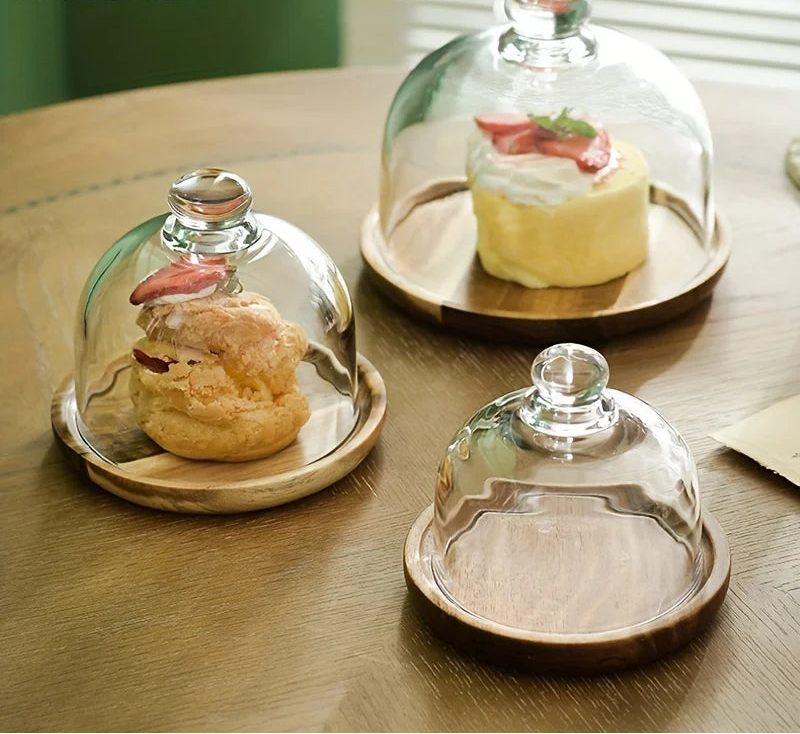 Bamboo Cake Stand with Glass Dome Lid – Round Dessert Display Tray