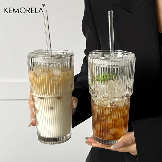 20 oz Transparent Stripe Glass Cup with Optional Lid &amp; Straw