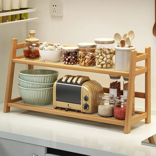 2-Tier Bamboo Multi-Purpose Storage Shelf for Kitchen or Bathroom