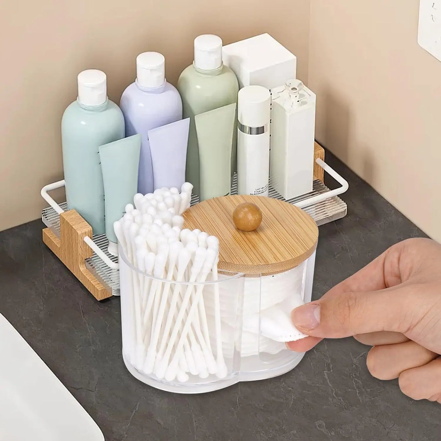 2-in-1 Cotton Swab &amp; Storage Box – Dustproof Organizer with Wooden Lid