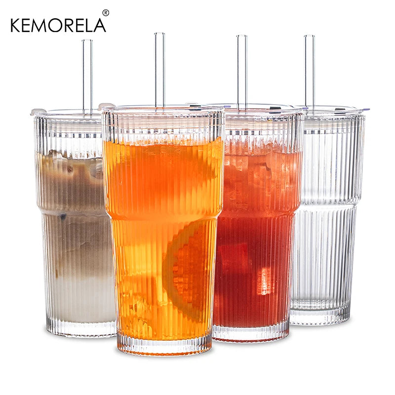 20 oz Transparent Stripe Glass Cup with Optional Lid &amp; Straw