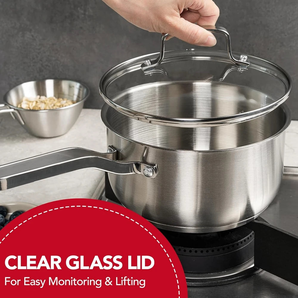 Stainless Steel Saucepan with Glass Strainer Lid, Induction &amp; Gas Compatible