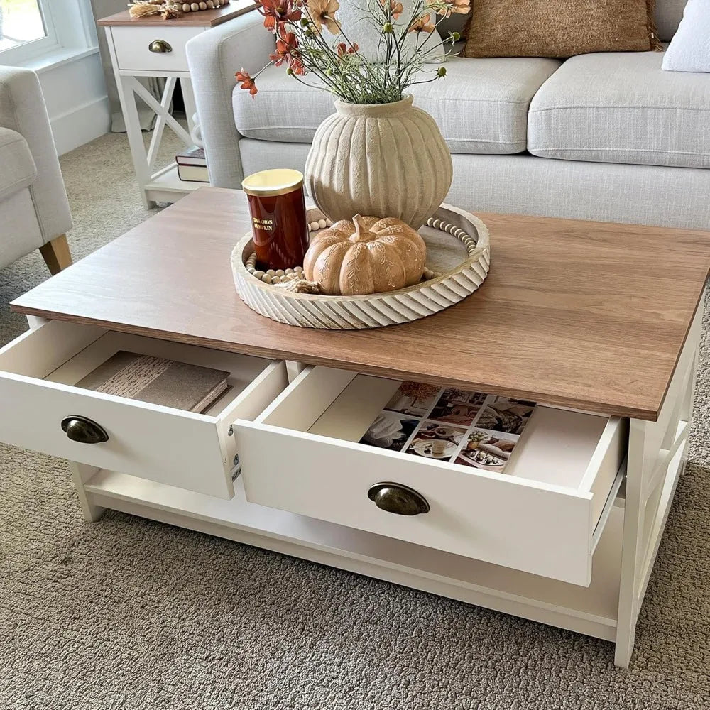 Ivory Farmhouse Coffee Table with Storage – 39.4" x 21.7"