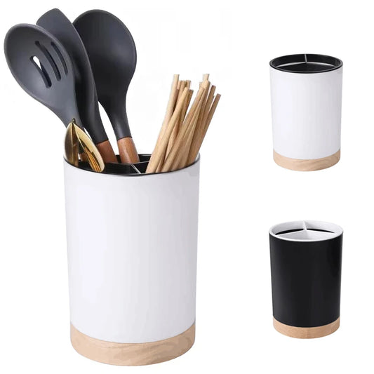 Plastic Utensil Holder with Wooden Accents – Detachable Cutlery Drainer