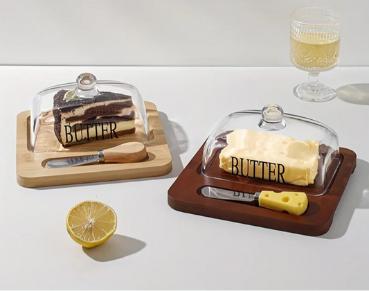 Wood Butter Dish with Glass Lid &amp; Knife