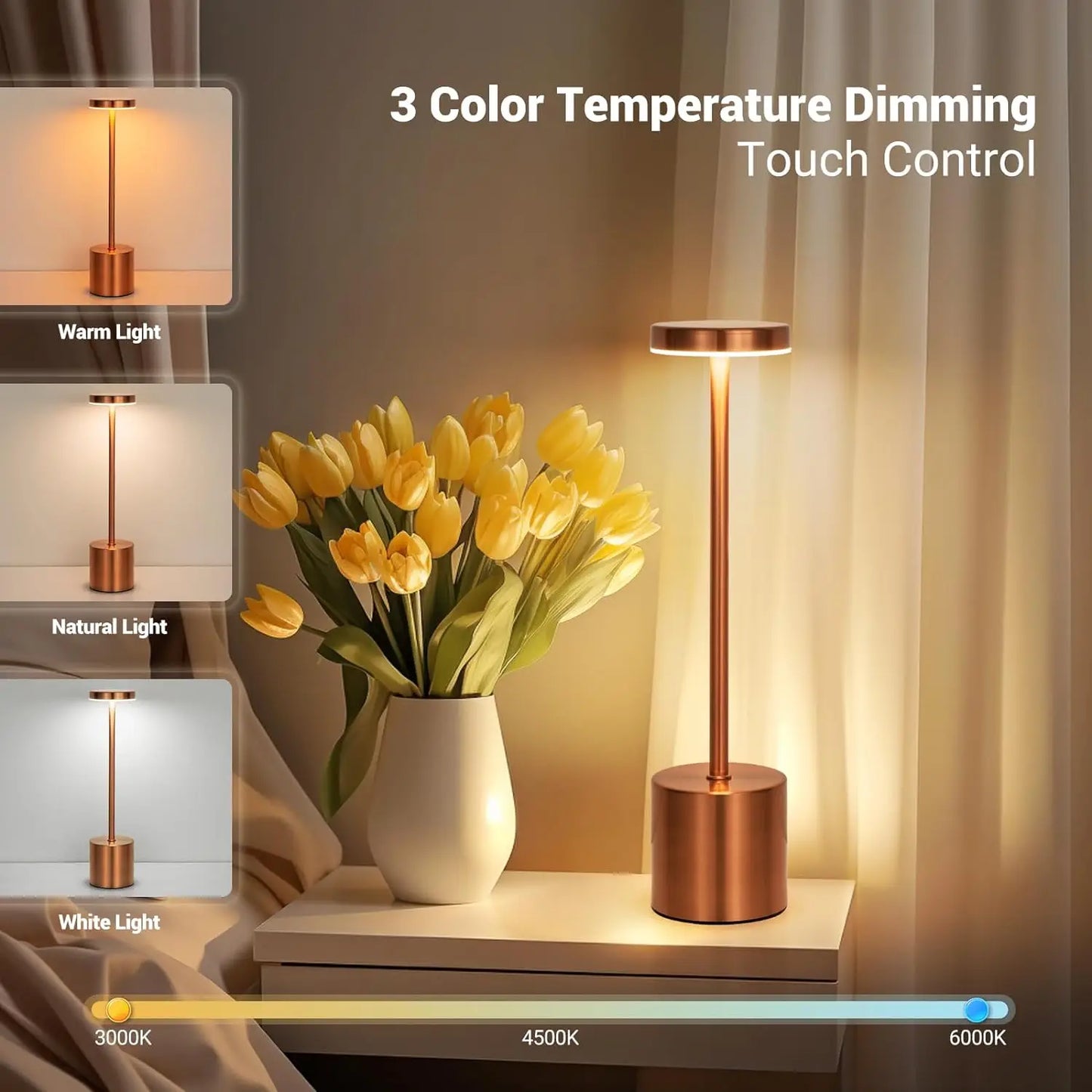 Modern Rechargeable Touch Table Lamp – Cordless LED with 3-Level Dimming