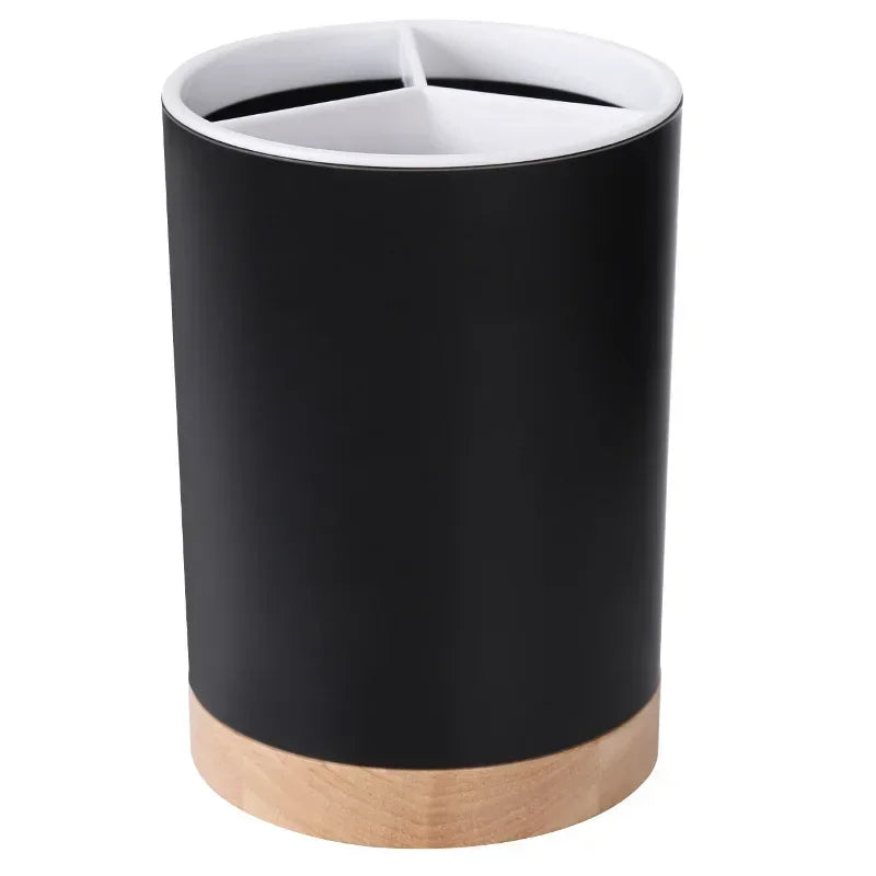 Plastic Utensil Holder with Wooden Accents – Detachable Cutlery Drainer