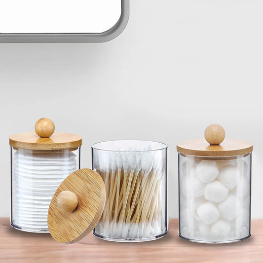 3PCS Qtip Holder Set with Bamboo Lids – 10oz Clear Bathroom Organizer