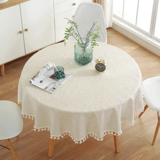 Round Cotton Linen Tablecloth with Tassel Trim