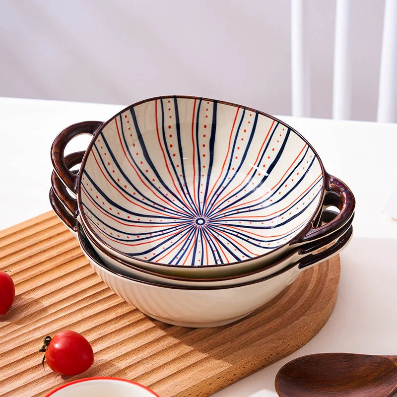Modern Ceramic Noodle Bowl Set – Floral Underglaze Design