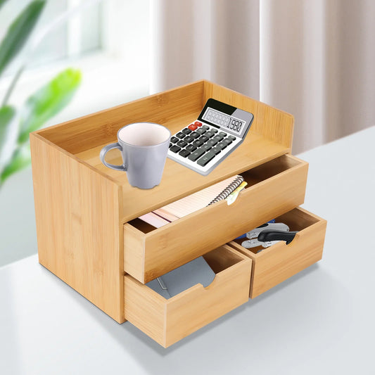 3-Tier Bamboo Desk Organizer with Drawers – Natural Wood Storage Solution