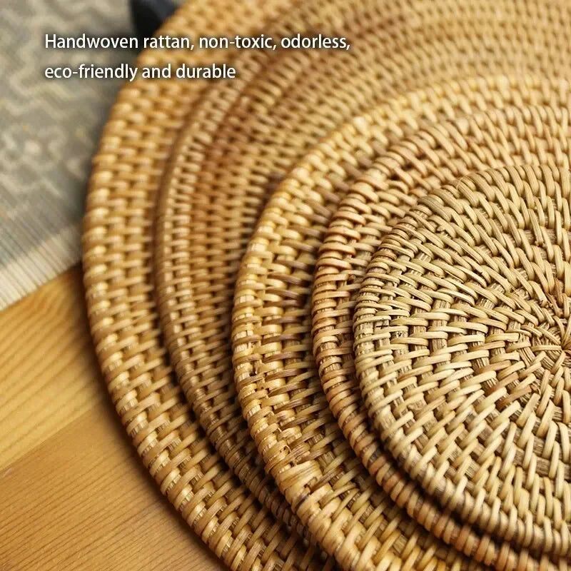 Rattan Woven Drink Coasters – 3 or 6 Piece Heat-Resistant Mat Set (3.1”)