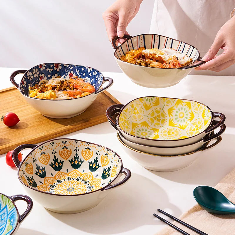 Modern Ceramic Noodle Bowl Set – Floral Underglaze Design