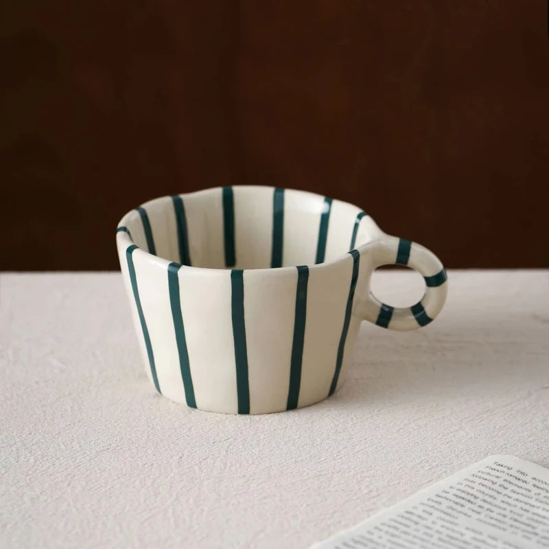 Striped Ceramic Coffee Mug – Vintage Handgrip Latte &amp; Tea Cup (Single Piece)