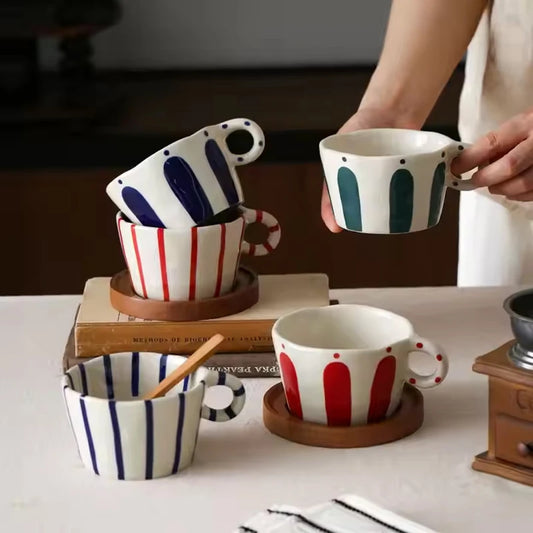 Striped Ceramic Coffee Mug – Vintage Handgrip Latte &amp; Tea Cup (Single Piece)