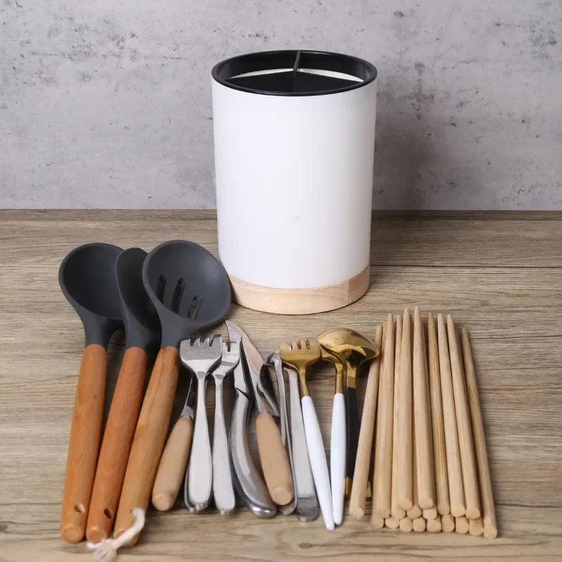 Plastic Utensil Holder with Wooden Accents – Detachable Cutlery Drainer