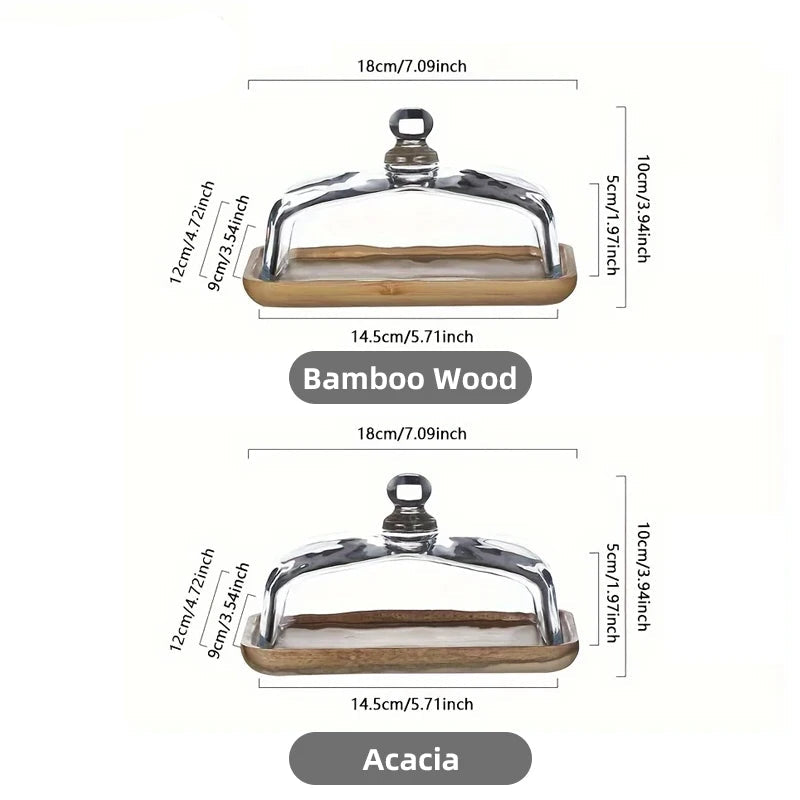 Glass Dome Dessert Plate with Wooden Base