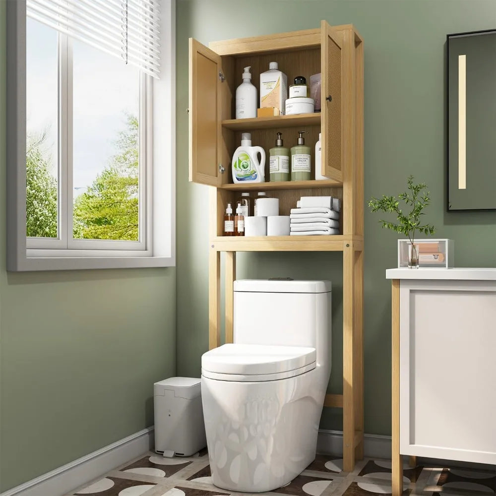 Over-the-Toilet Storage Cabinet with Rattan Design