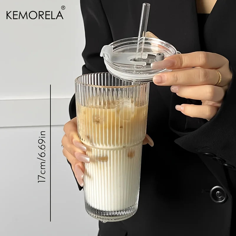 20 oz Transparent Stripe Glass Cup with Optional Lid &amp; Straw