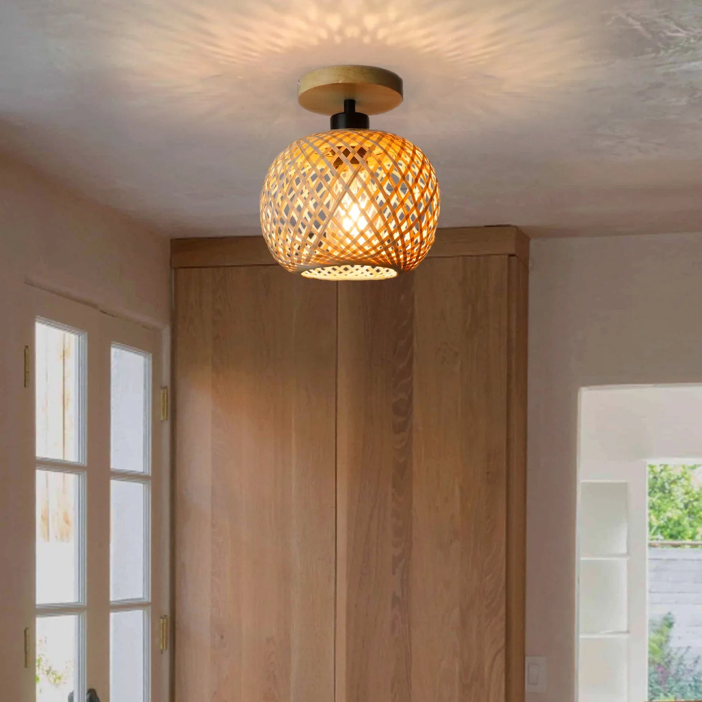 Retro Woven Bamboo Ceiling Light – E27 Vintage Flush Mount Fixture