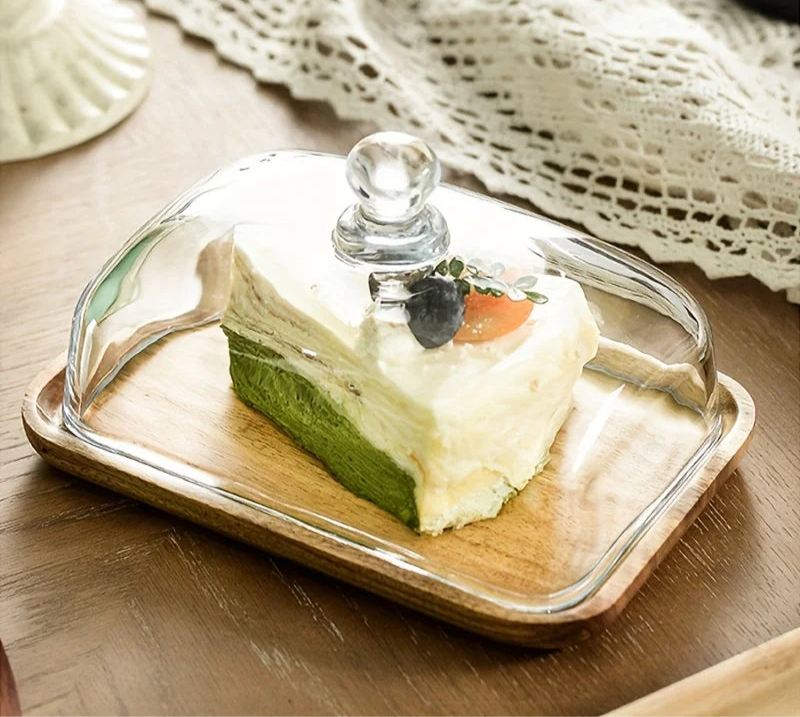 Glass Dome Dessert Plate with Wooden Base
