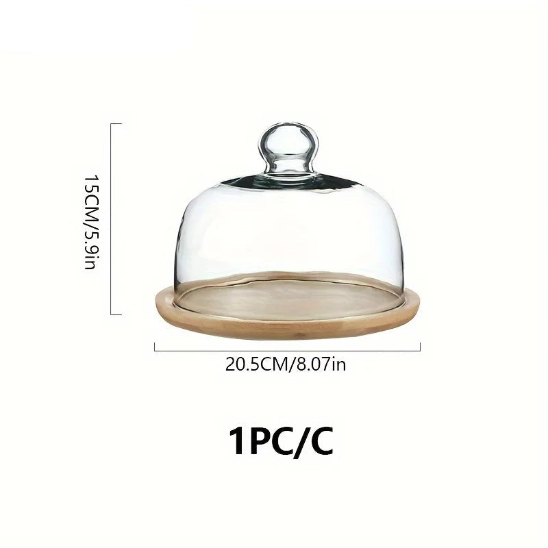 Bamboo Cake Stand with Glass Dome Lid – Round Dessert Display Tray