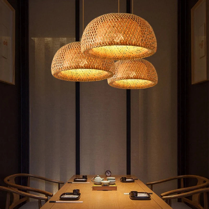 Handwoven Bamboo &amp; Wood Pendant Light – E27 Hanging Fixture