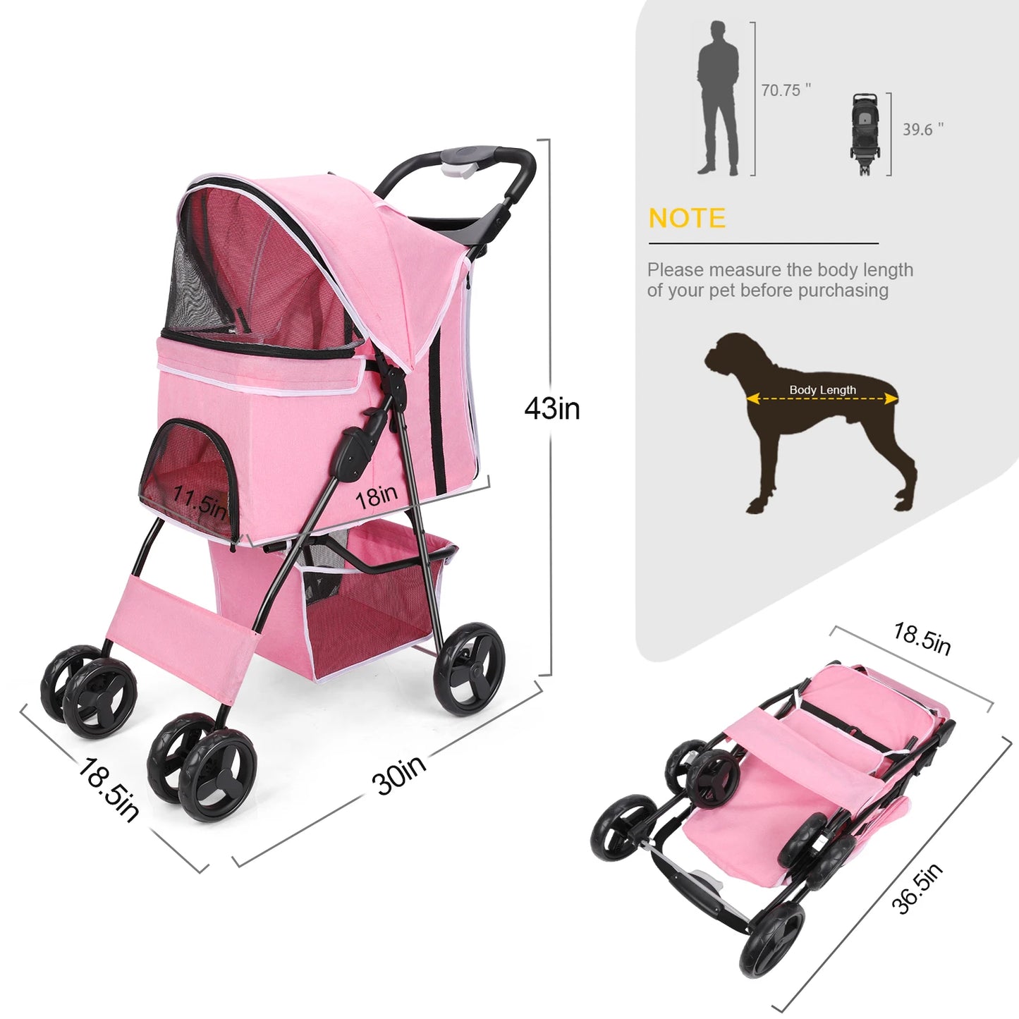 Foldable Pet Stroller – Pink 4-Wheel Dog &amp; Cat Carrier