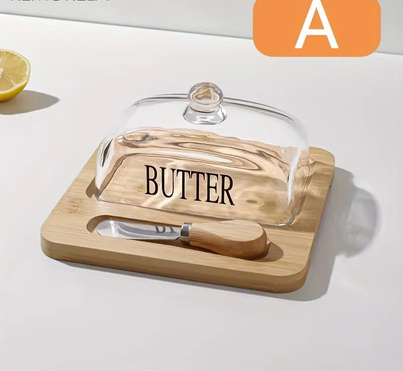 Wood Butter Dish with Glass Lid &amp; Knife