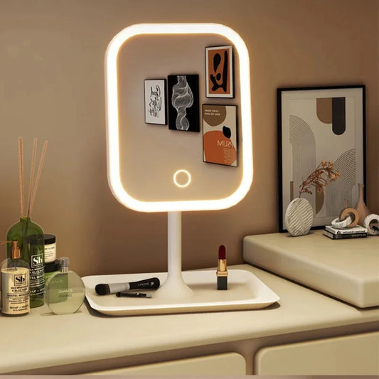 LED Vanity Mirror with Storage Tray – Dimmable Touch Light Makeup Mirror for Desk &amp; Bedroom