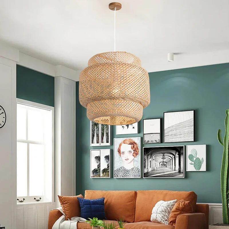 11.8” Handwoven Bamboo Pendant Light – Vintage Ceiling Lamp