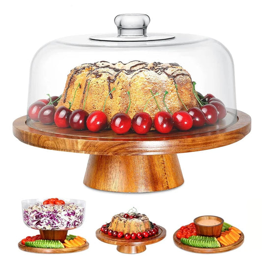 Acacia Wood Cake Stand – Round Display Tray with Optional Glass Cover