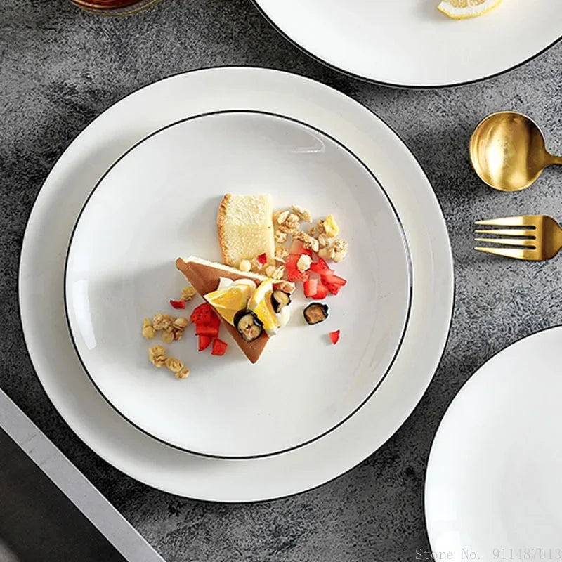 White Ceramic Plate with Black Rim – Minimalist Round Design