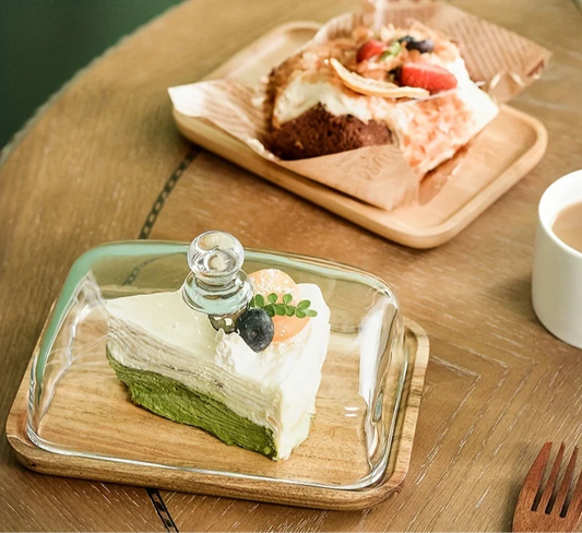 Glass Dome Dessert Plate with Wooden Base