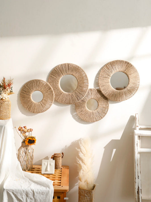 Boho Round Wall Mirror with Woven Hemp Rope – Rustic &amp; Natural Decor