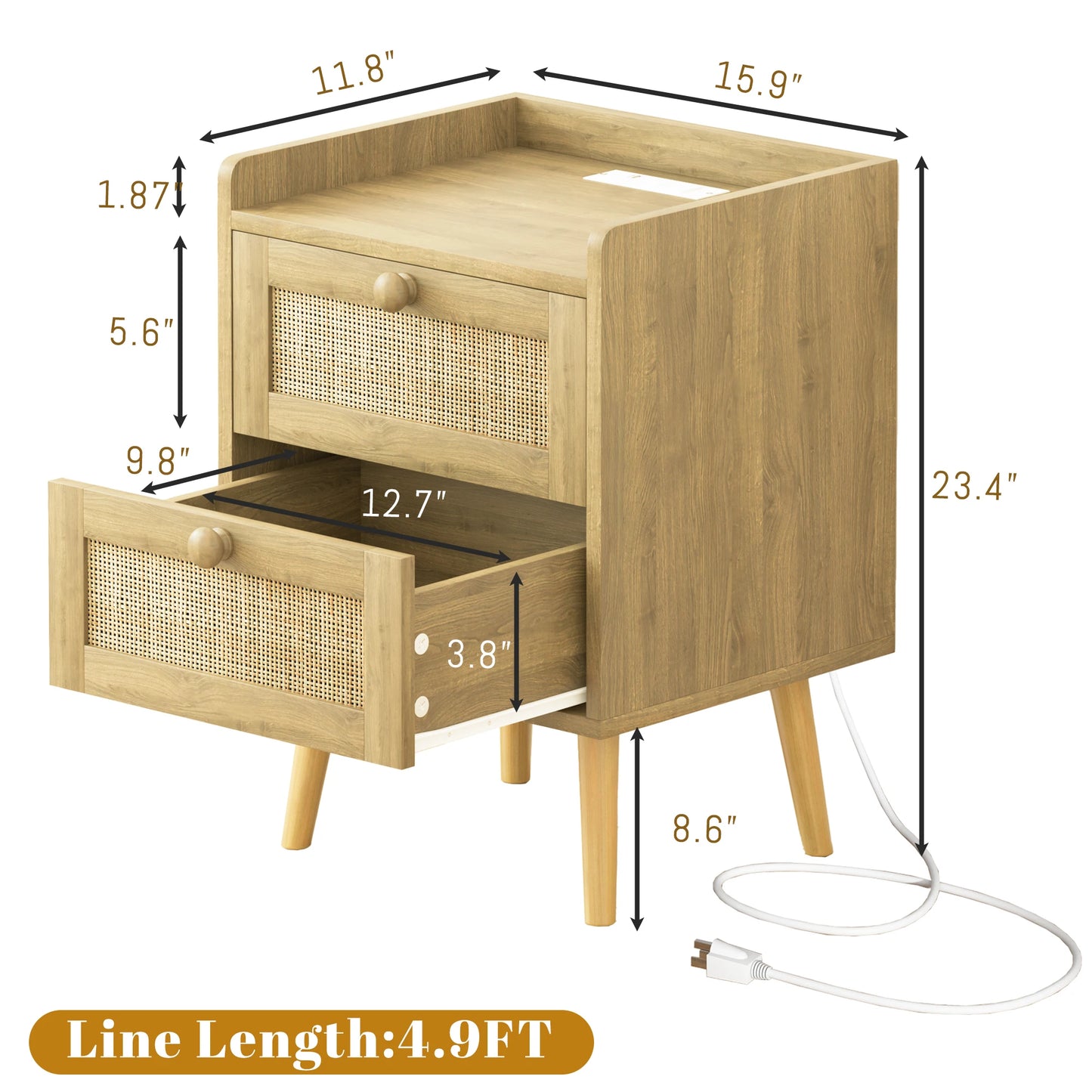 Boho Rattan Nightstand with Charging Station – Modern Countryside Style