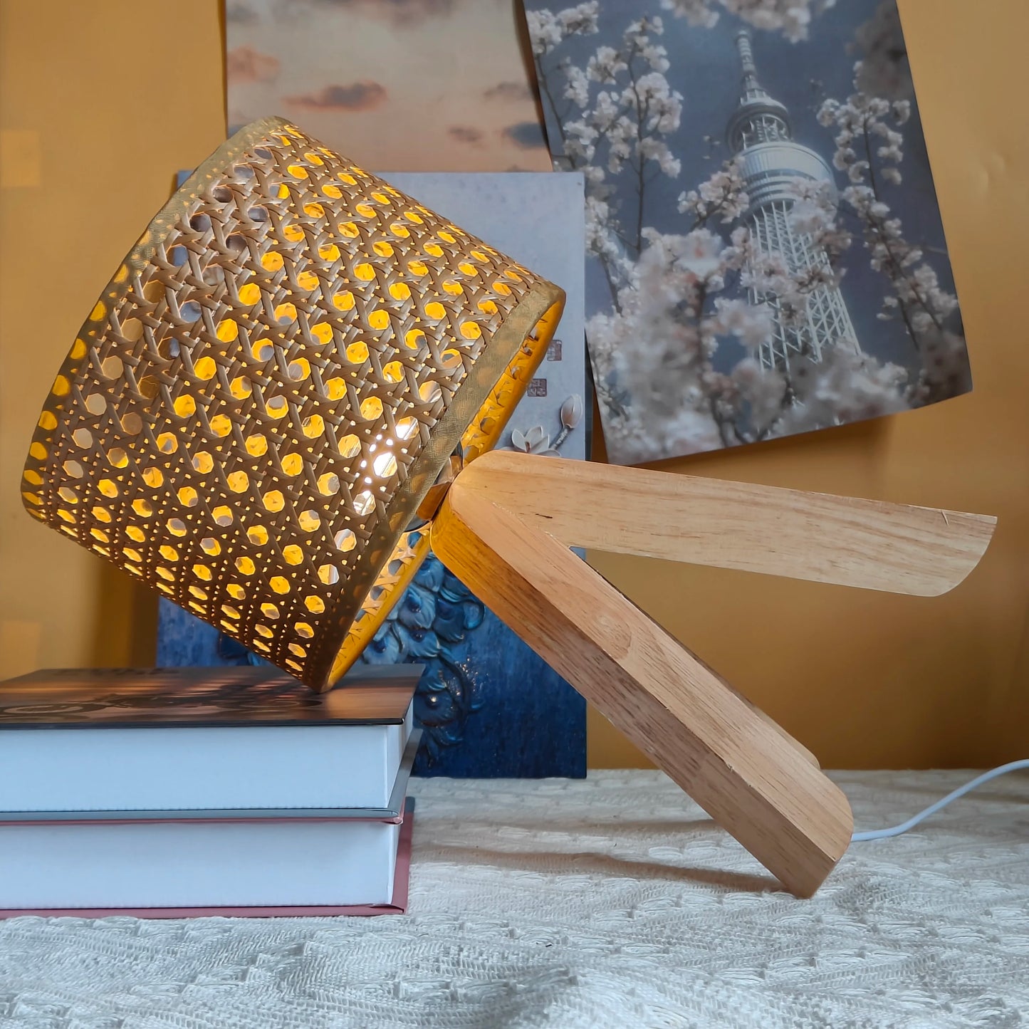 Modern Yellow Wooden Table Lamp – Hand-Knitted Shade, Up &amp; Down Light