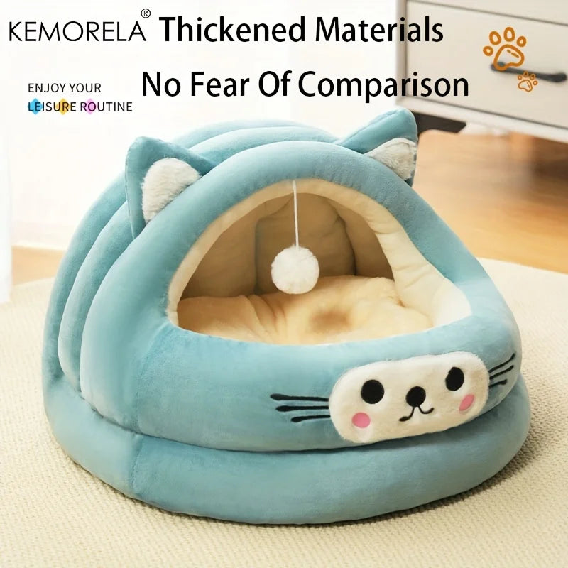 Semi-Enclosed Cat Bed with Ears – All-Season Comfort Nest