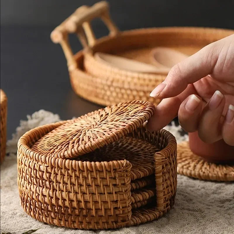 Rattan Woven Drink Coasters – 3 or 6 Piece Heat-Resistant Mat Set (3.1”)