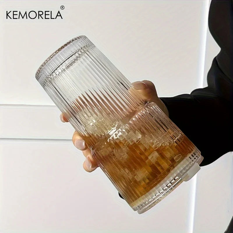 20 oz Transparent Stripe Glass Cup with Optional Lid &amp; Straw