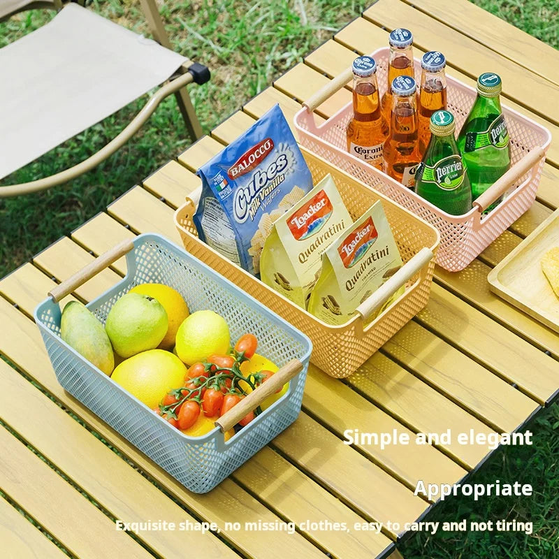 Multi-Functional Hollow Storage Basket with Wooden Handle